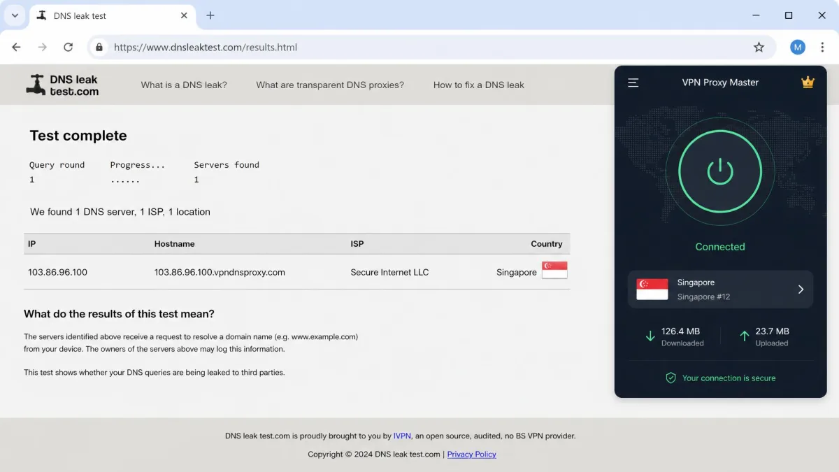 DNS leak test results page open in a browser while VPN Proxy Master is connected, showing the detected DNS server addresses during a leak check.