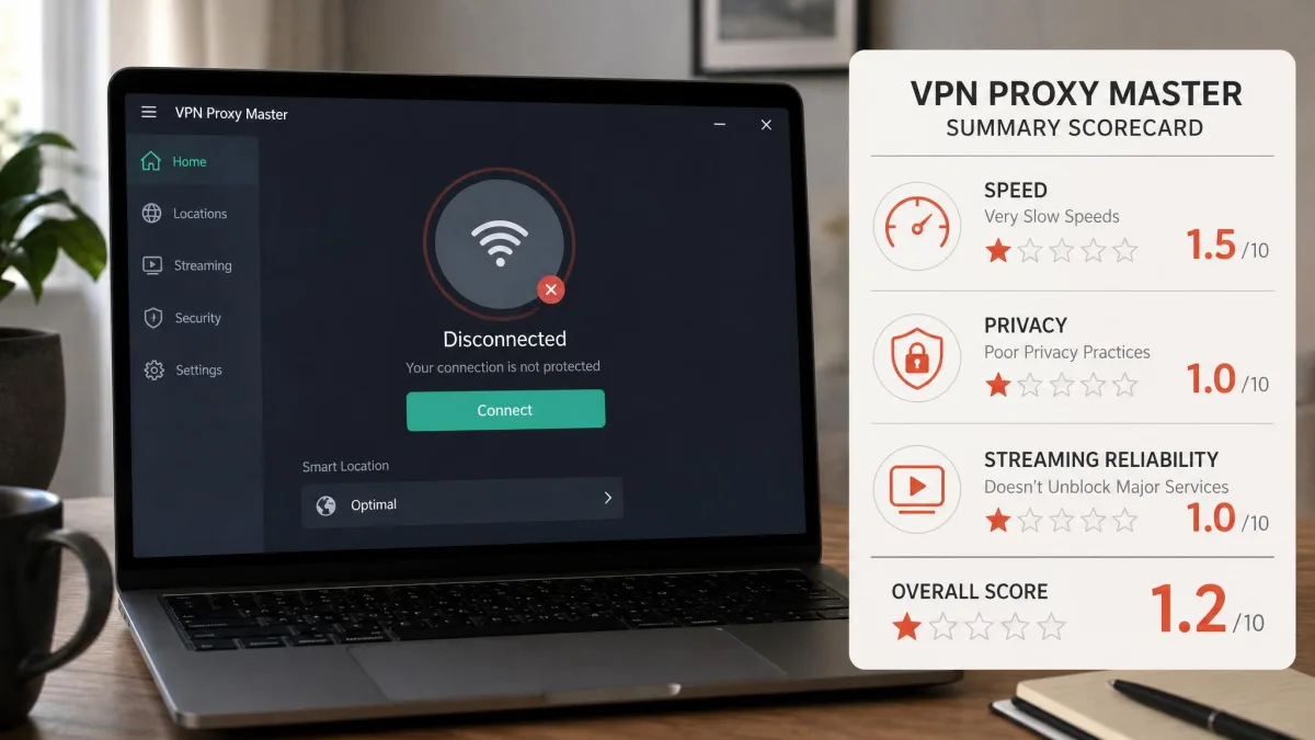 VPN Proxy Master app disconnected on a laptop next to a summary scorecard listing its low ratings for speed, privacy, and streaming reliability.