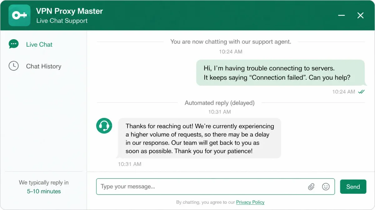 VPN Proxy Master live chat support window open with a user question typed and a delayed automated response shown in the thread.