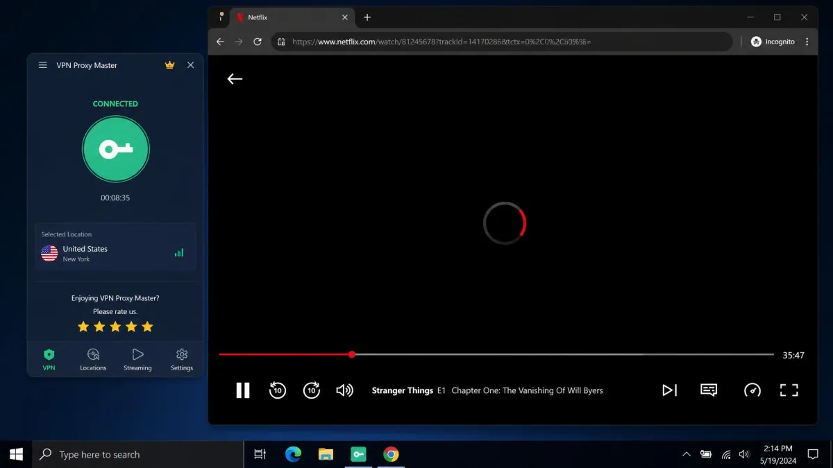 VPN Proxy Master connected to a US server with Netflix loading in a browser, showing a buffering spinner mid-stream during a streaming test.