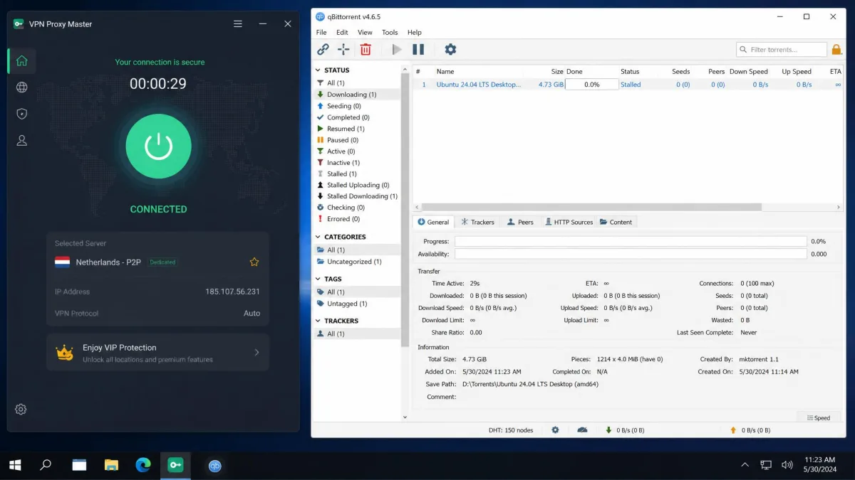 VPN Proxy Master connected to a dedicated P2P server with a torrent client window showing a download that has stalled seconds after starting.