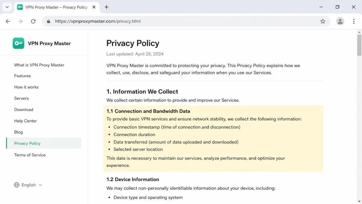 VPN Proxy Master privacy policy page open in a browser with the section describing collected connection and bandwidth data highlighted.