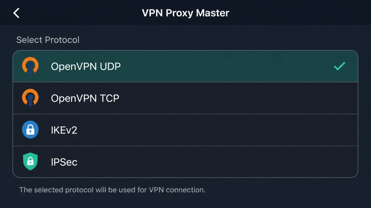 VPN Proxy Master protocol selection menu listing OpenVPN UDP, OpenVPN TCP, IKEv2, and IPSec options with the current choice highlighted.