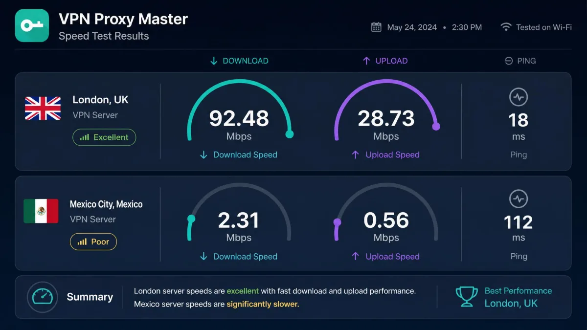 Speed test dashboard comparing VPN Proxy Master download and upload results on a London server versus a Mexico server, with the Mexico figures far lower.