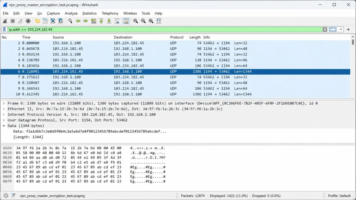Wireshark packet capture window showing captured VPN Proxy Master traffic during an encryption test, with packet details expanded in the lower pane.