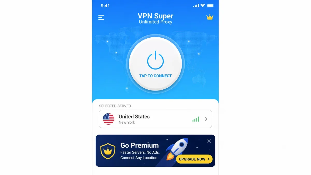 VPN Super Unlimited Proxy mobile app home screen showing a large one-tap connect button, the selected server country flag, and a banner ad at the bottom of the screen.