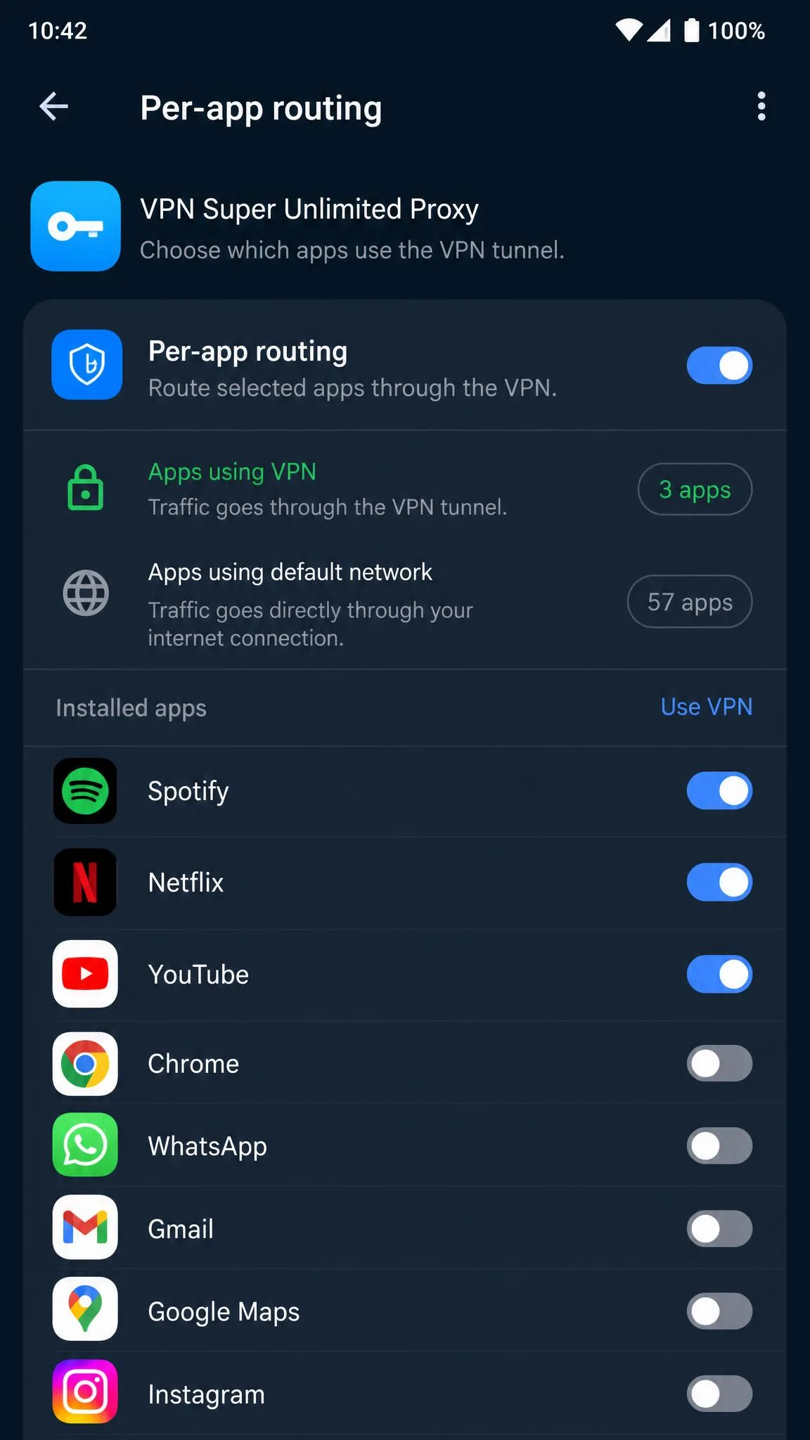 VPN Super Unlimited Proxy per-app routing settings on Android, showing a toggle list of installed apps with some selected to route through the VPN tunnel.