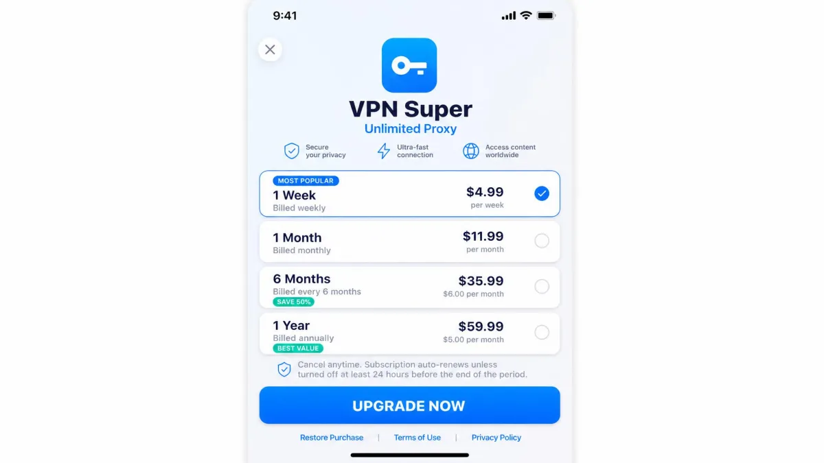 VPN Super Unlimited Proxy in-app subscription screen on iOS showing the weekly, monthly, six-month, and annual plan prices stacked with an upgrade button.