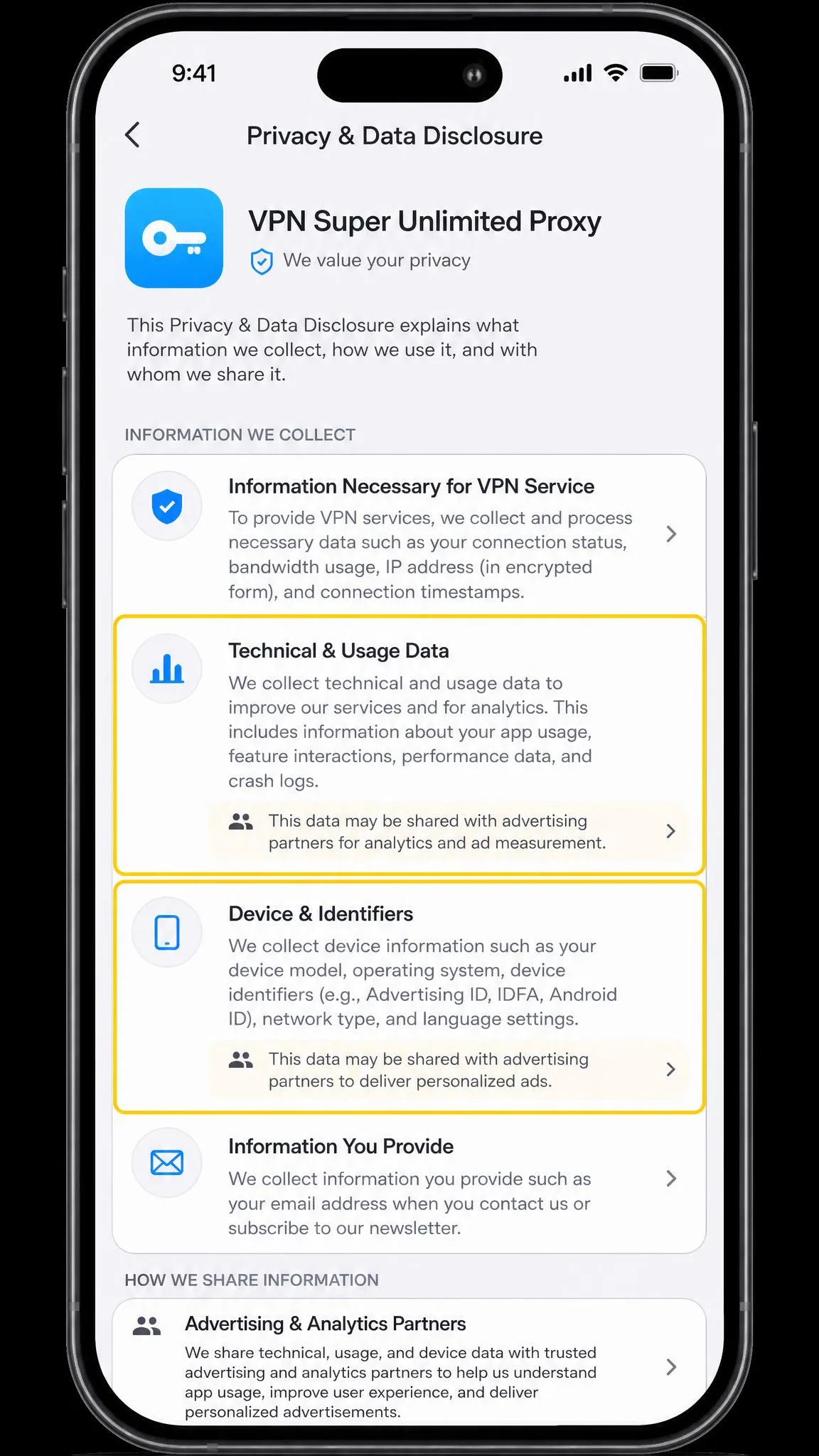 VPN Super Unlimited Proxy privacy settings and data collection disclosure screen on a smartphone, highlighting the sections that describe technical and device data sharing with advertising partners.