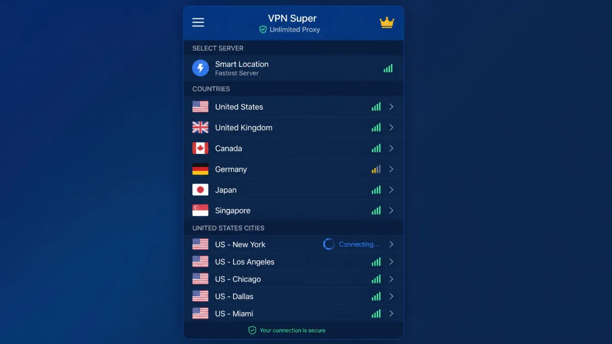 VPN Super Unlimited Proxy server selection screen listing available countries and US cities, with a loading indicator next to one server as the app attempts to connect.