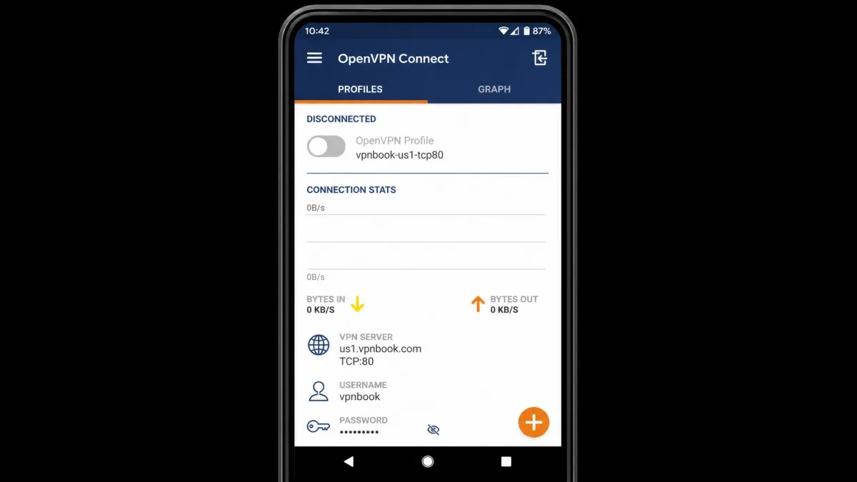 The OpenVPN Connect app on an Android phone mid-setup, importing a VPNBook profile and showing the connect toggle in the off position before authentication.