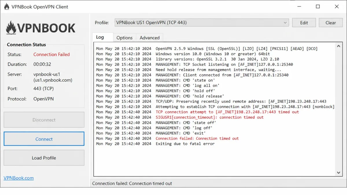 A VPNBook OpenVPN client on a network behind the Great Firewall showing the connection attempt timing out and failing to establish a tunnel.