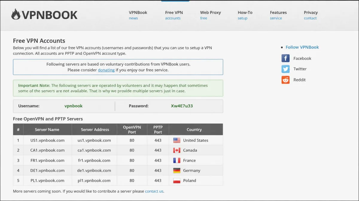 The VPNBook homepage showing its list of free OpenVPN and PPTP servers with country flags for the US, Canada, France, Germany and Poland alongside the current username and password.