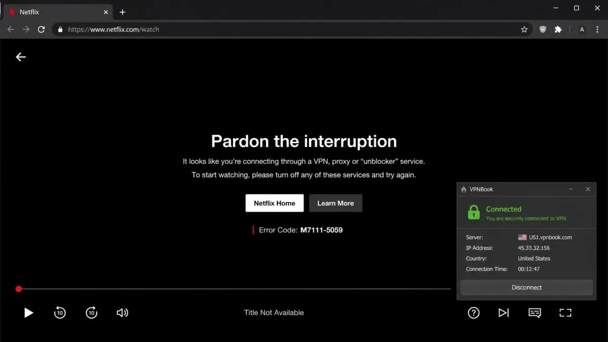 A Netflix screen showing the streaming proxy error message while connected to a VPNBook US server, with the playback blocked instead of loading a title.