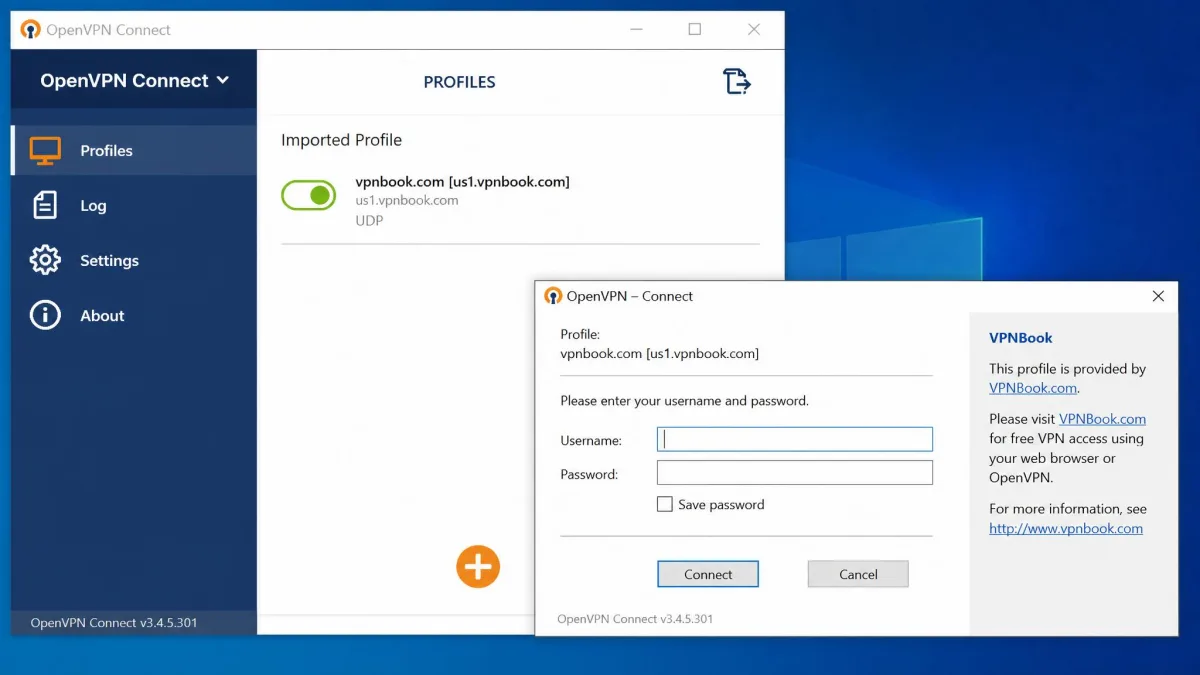 An OpenVPN client on Windows showing a VPNBook .ovpn configuration file imported, with the connection dialog asking for the rotating VPNBook username and password.