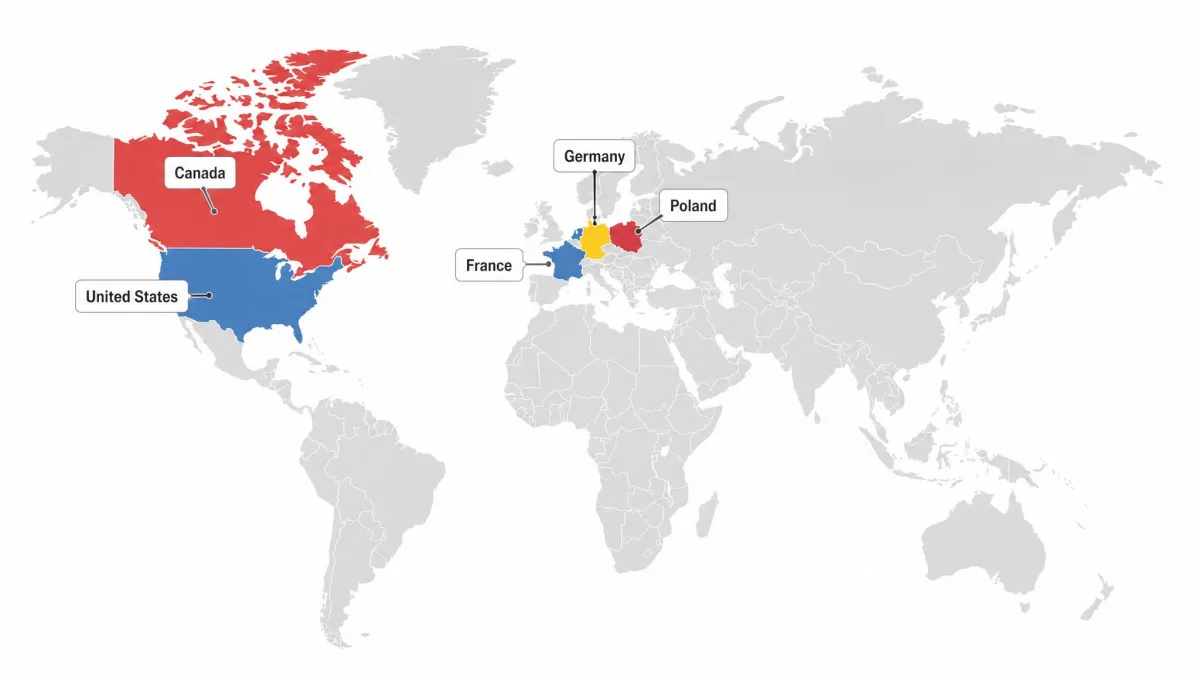 A simple map highlighting VPNBook's small set of server countries, the United States, Canada, France, Germany and Poland, against a greyed-out world map.
