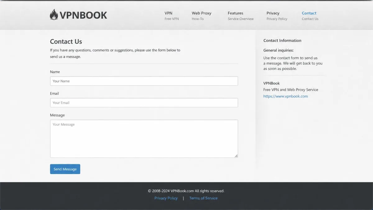 The VPNBook contact web form, the only support channel, with fields for name, email and message and no live-chat option anywhere on the page.