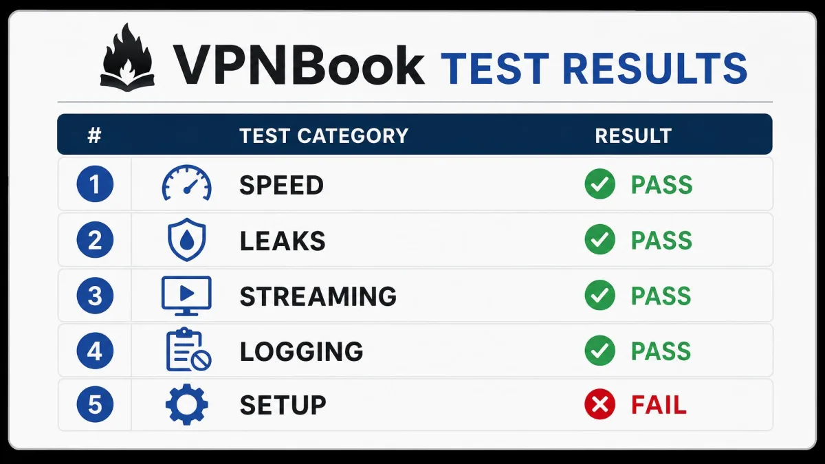 A checklist graphic listing the five VPNBook test categories, speed, leaks, streaming, logging and setup, with pass and fail marks against each.