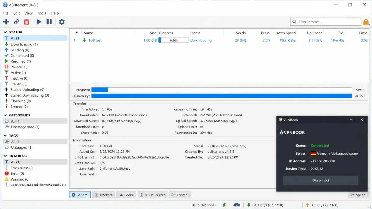 A torrent client downloading a 1GB test file over VPNBook's Germany server, showing a slow transfer rate and an estimated completion time of around twenty minutes.
