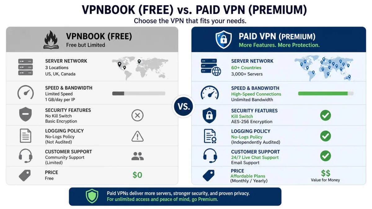 A side-by-side comparison graphic contrasting VPNBook's free-but-limited feature set against a paid VPN's larger server network, kill switch and audited no-logs policy.