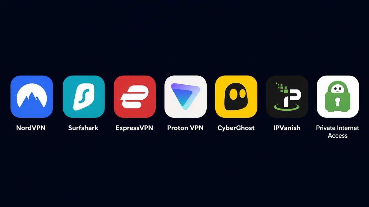 Row of seven VPN app icons for NordVPN, Surfshark, ExpressVPN, Proton VPN, CyberGhost, IPVanish and Private Internet Access arranged as a tested lineup.