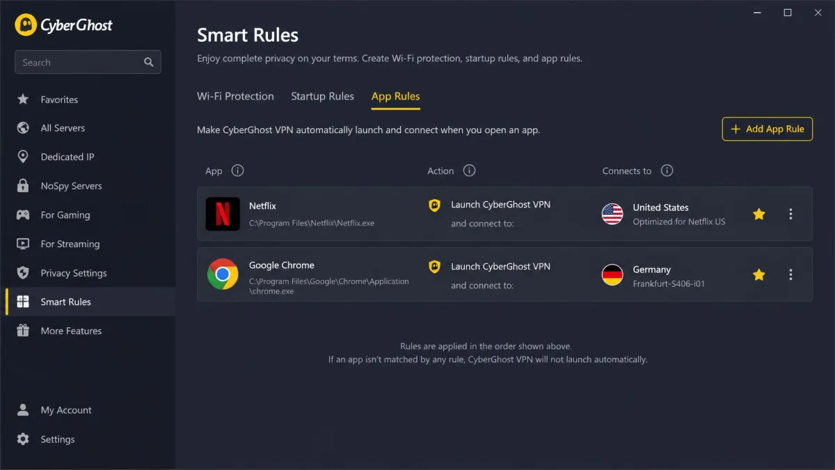 CyberGhost Smart Rules screen showing app-specific rules that assign a streaming app and a browser to different VPN servers automatically.