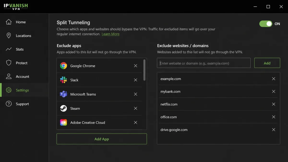 IPVanish Windows split tunneling settings showing a list of app exclusions alongside a field for adding website domains to bypass the VPN.