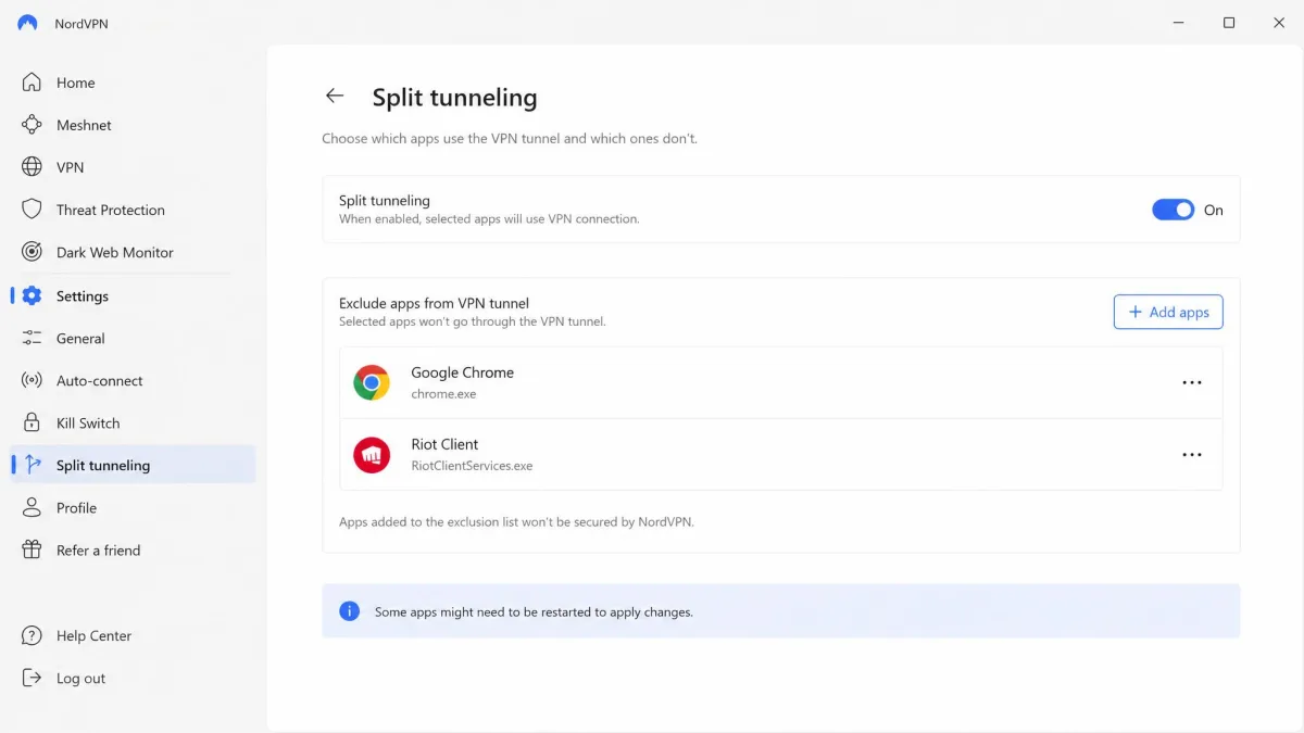 NordVPN's Windows split tunneling panel showing the app selection list with a browser and a game client added to the exclusion list and a toggle set to enable the feature.