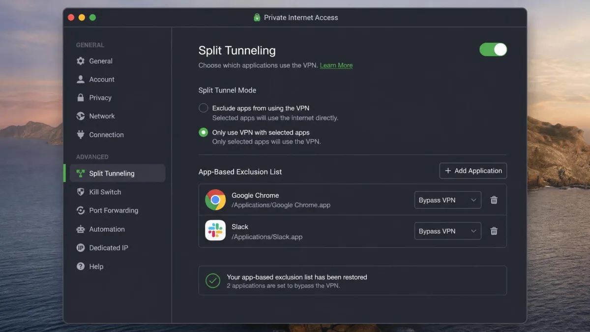 Private Internet Access split tunneling settings on macOS showing the recently restored app-based exclusion list with two apps set to bypass the VPN.