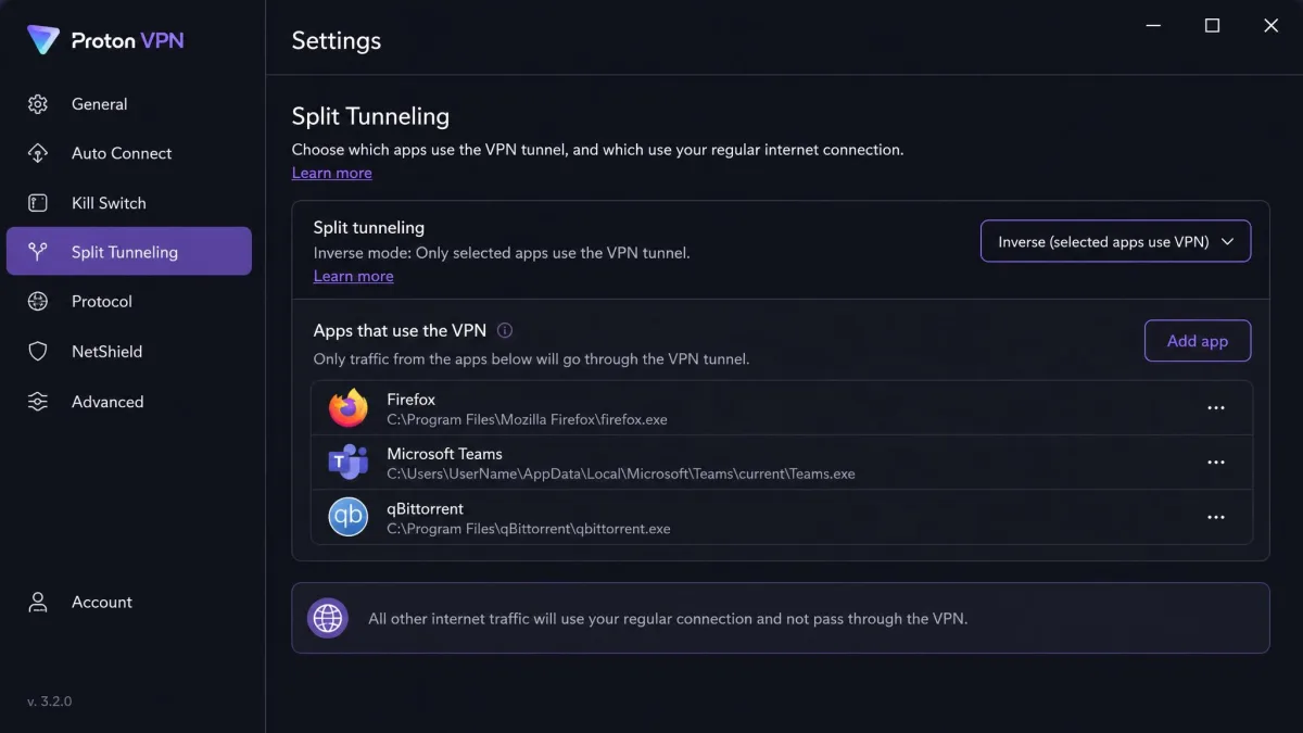 Proton VPN Windows settings showing inverse split tunneling mode with a short list of selected apps set to route through the VPN while all other traffic stays direct.