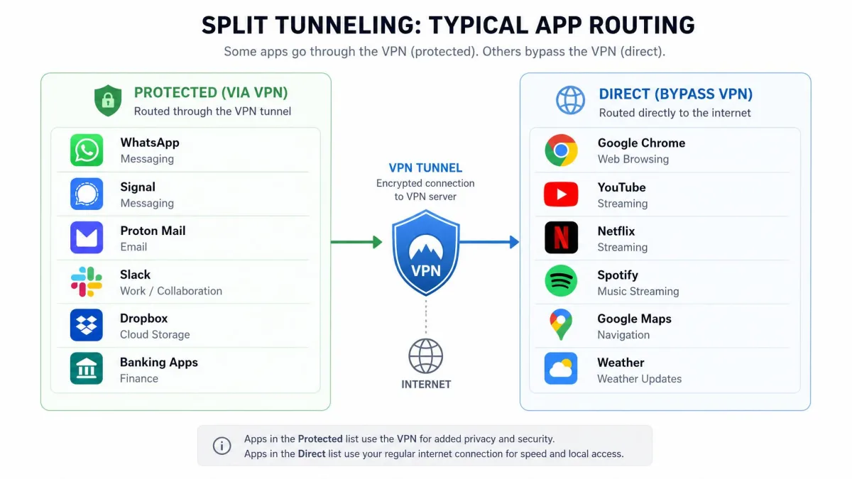 Chart grouping common phone apps into a protected column routed through the VPN and a direct column that bypasses it, illustrating a typical split tunneling setup.