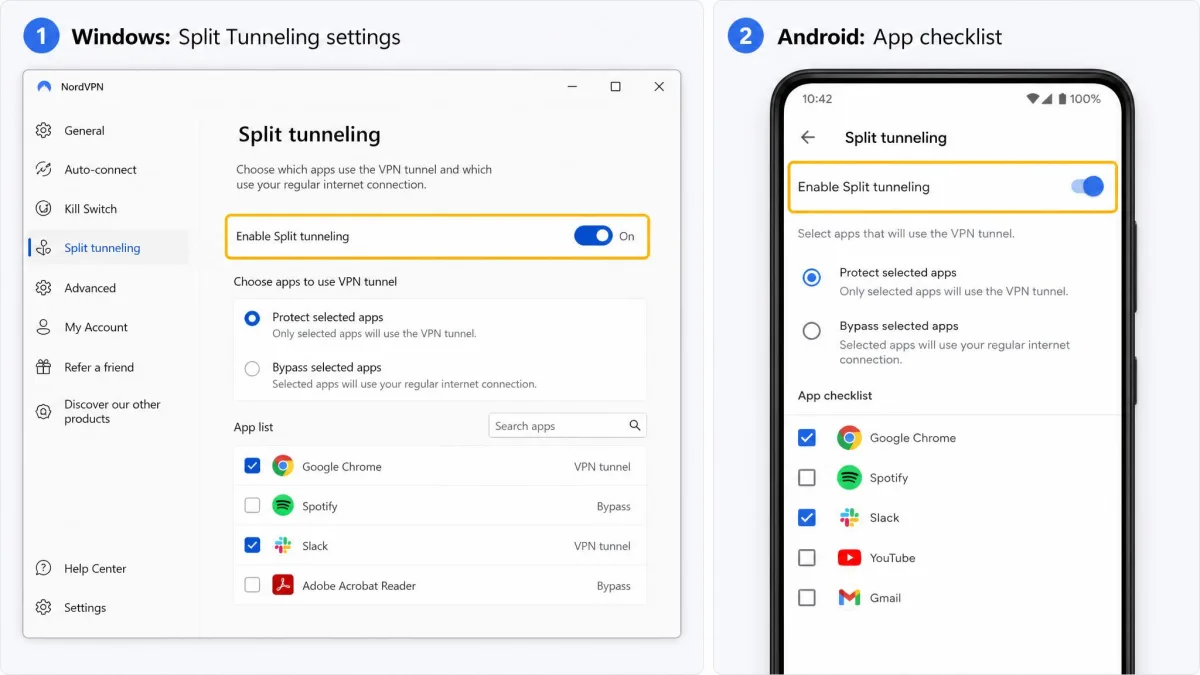 Two-panel walkthrough showing the split tunneling settings screen on Windows next to the app checklist on Android, with the enable toggles highlighted.