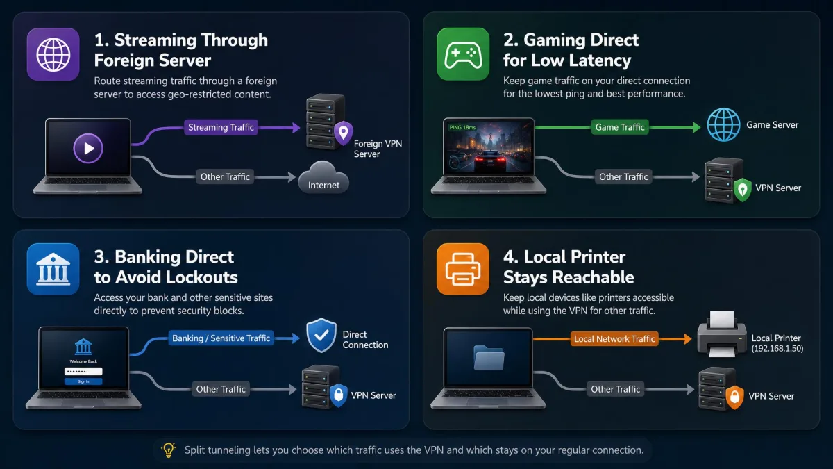 Four labeled tiles showing common split tunneling use cases: streaming through a foreign server, gaming direct for low latency, banking direct to avoid lockouts, and a local printer staying reachable.