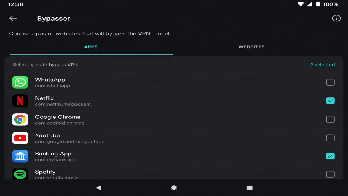 Surfshark Bypasser screen on Android showing installed apps with checkboxes and two apps toggled to bypass the VPN tunnel.