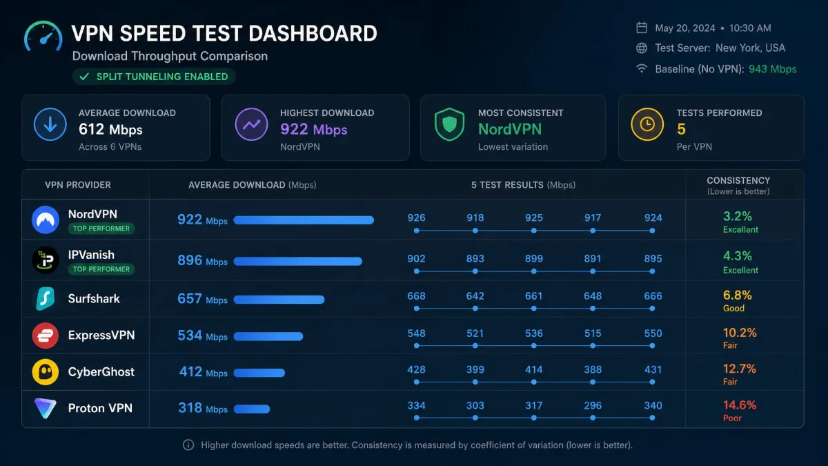 Speed test dashboard comparing download throughput for several VPNs with split tunneling enabled, with NordVPN and IPVanish showing the highest and most consistent results.