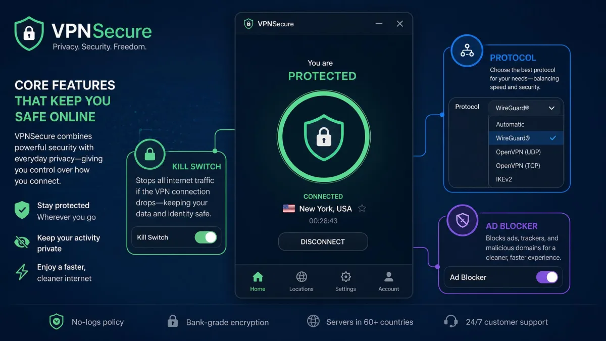 VPNSecure app overview highlighting the kill switch, protocol menu, and ad blocker toggles that make up its core feature set.