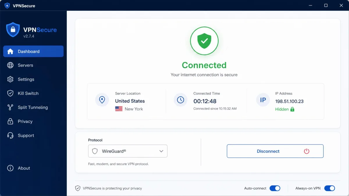 VPNSecure Windows desktop app showing a connected session with the server location, connection timer, and protocol selector visible in the main panel.