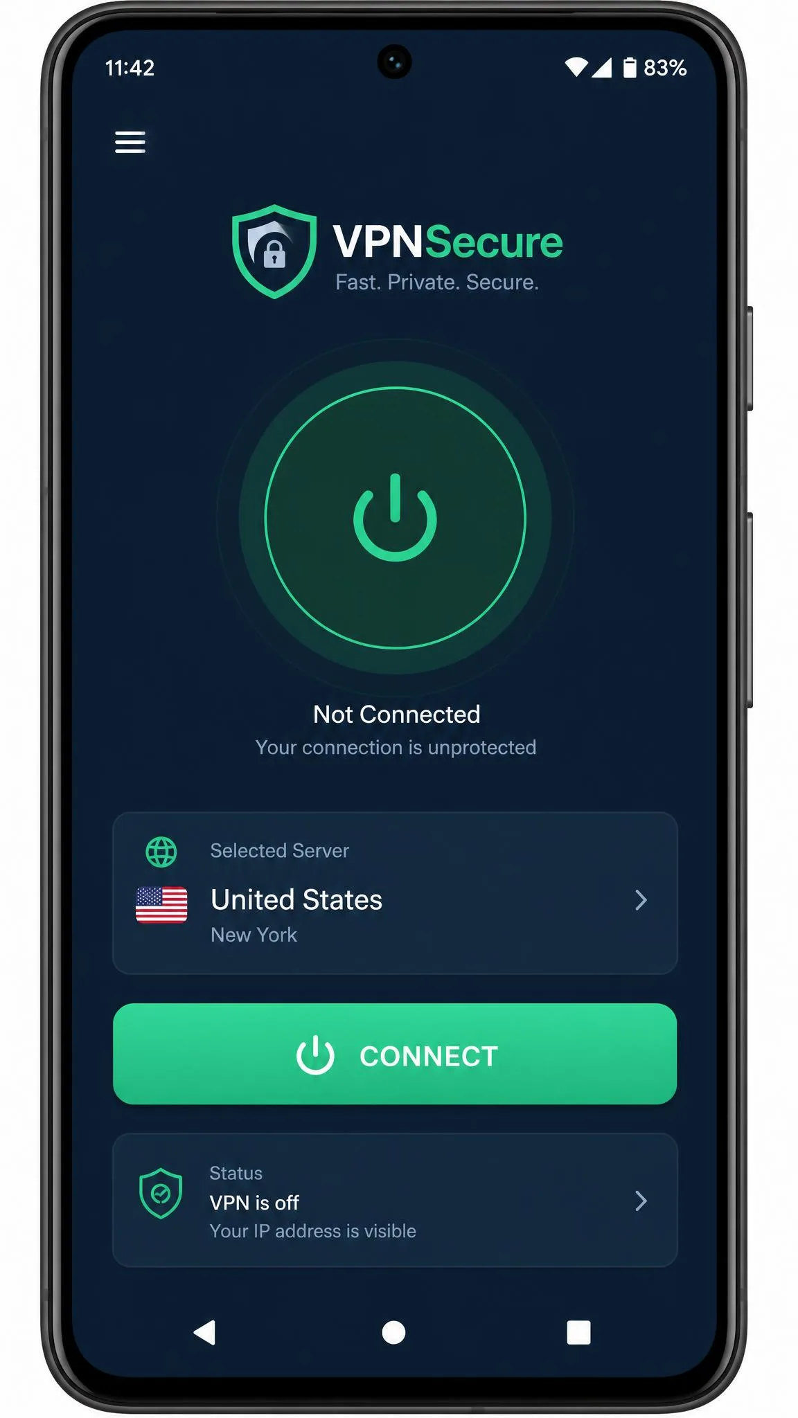 VPNSecure Android app home screen showing the connect button, selected server country, and a simple status indicator on a phone display.