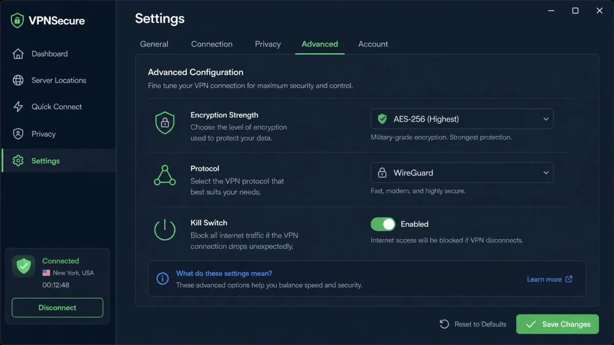 VPNSecure settings screen showing encryption strength, protocol choice, and kill switch toggle options grouped in an advanced configuration panel.