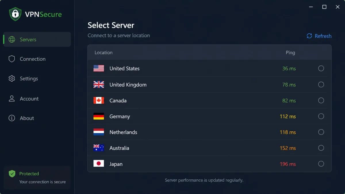 VPNSecure server selection list showing a modest set of country locations with ping values, illustrating the small network size.