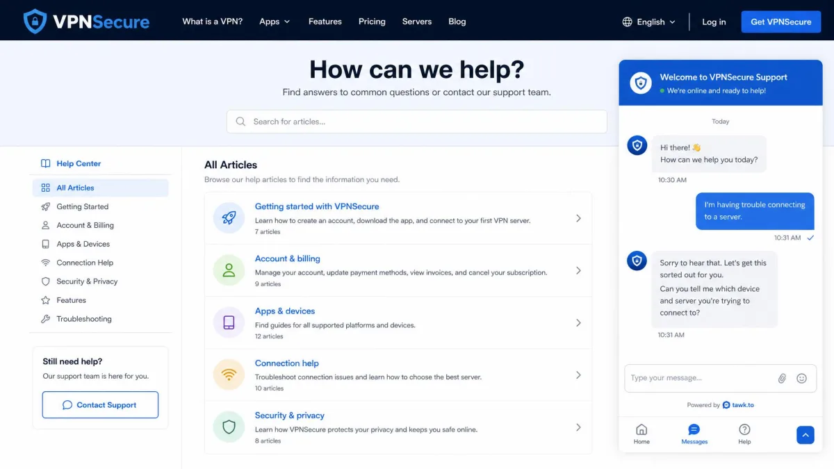 VPNSecure support page showing the live chat widget and help center article list used to contact the team.