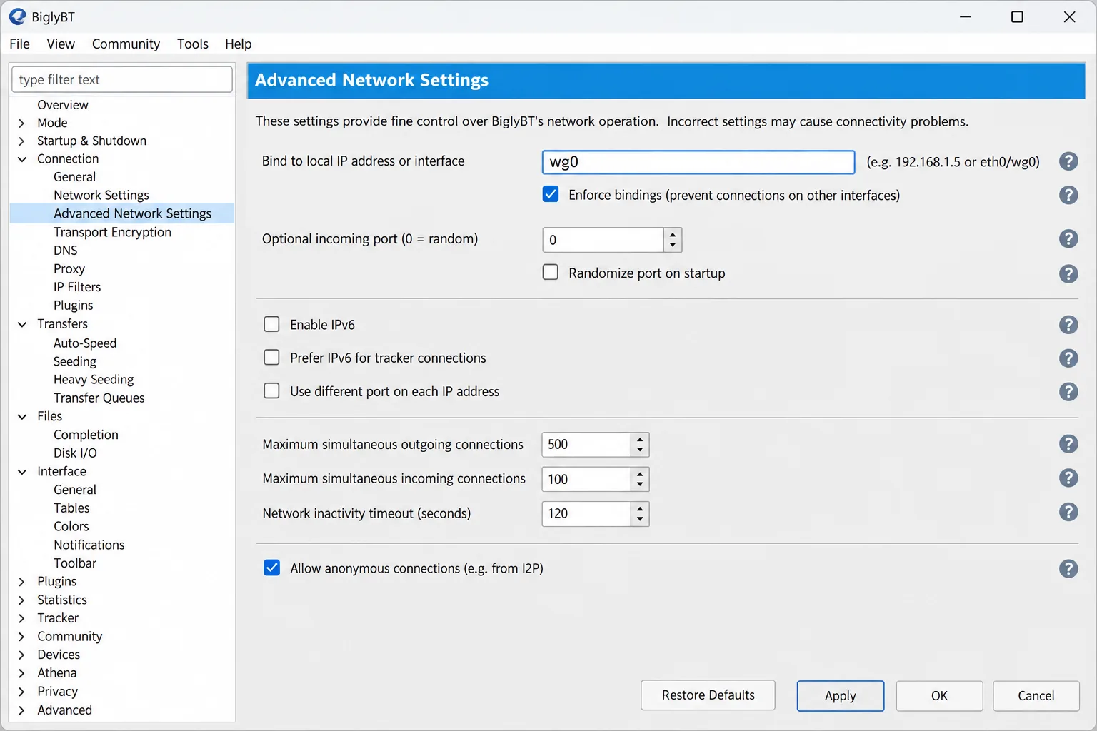 BiglyBT's Advanced Network Settings with the WireGuard Tunnel interface entered in the bind field and enforce bindings ticked.