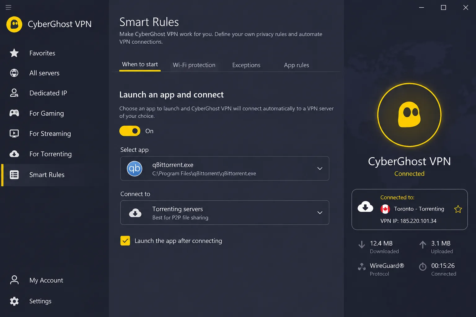 CyberGhost's Smart Rules screen set to connect to a torrenting server automatically when a torrent client is launched.