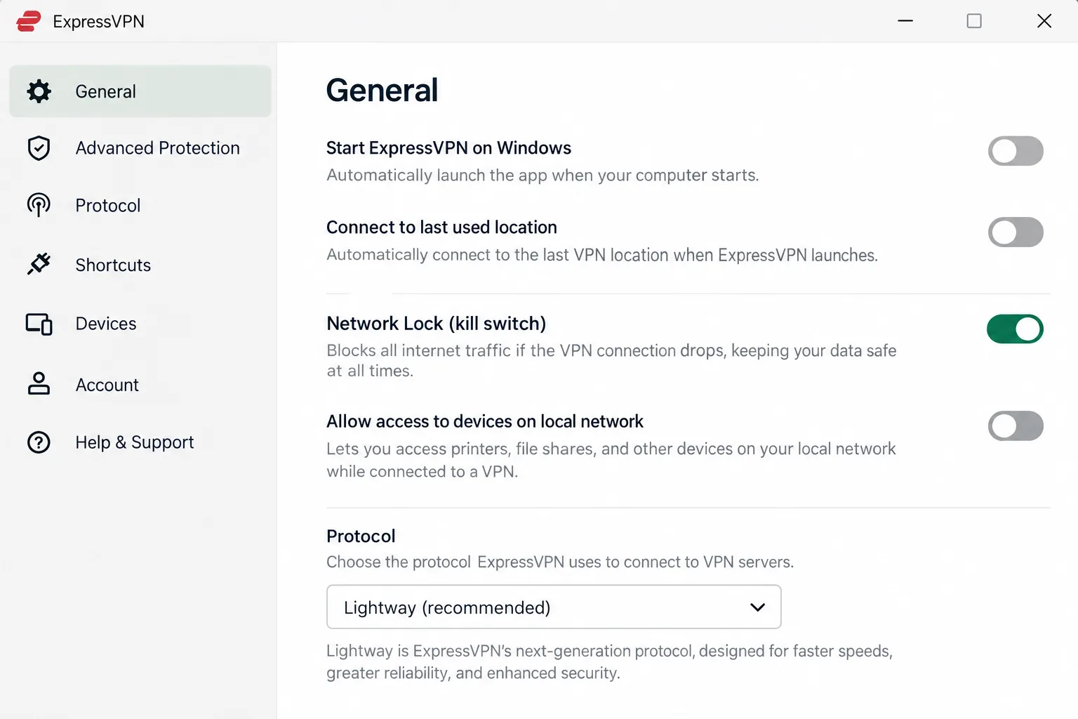 ExpressVPN's desktop settings with the Network Lock kill switch enabled and the Lightway protocol selected.