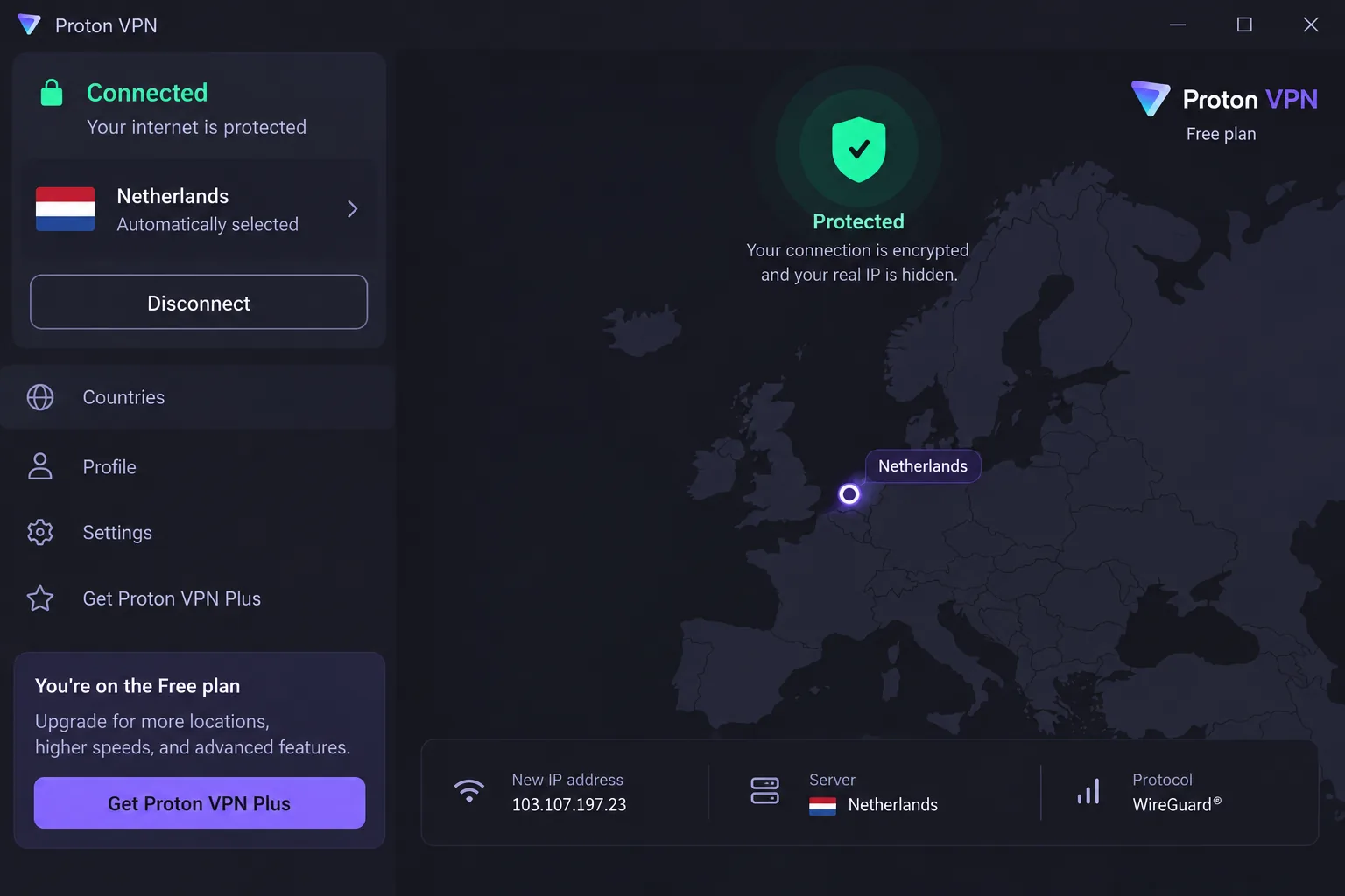 Proton VPN's Windows app connected on the free plan, showing the automatically chosen server country and protected status.