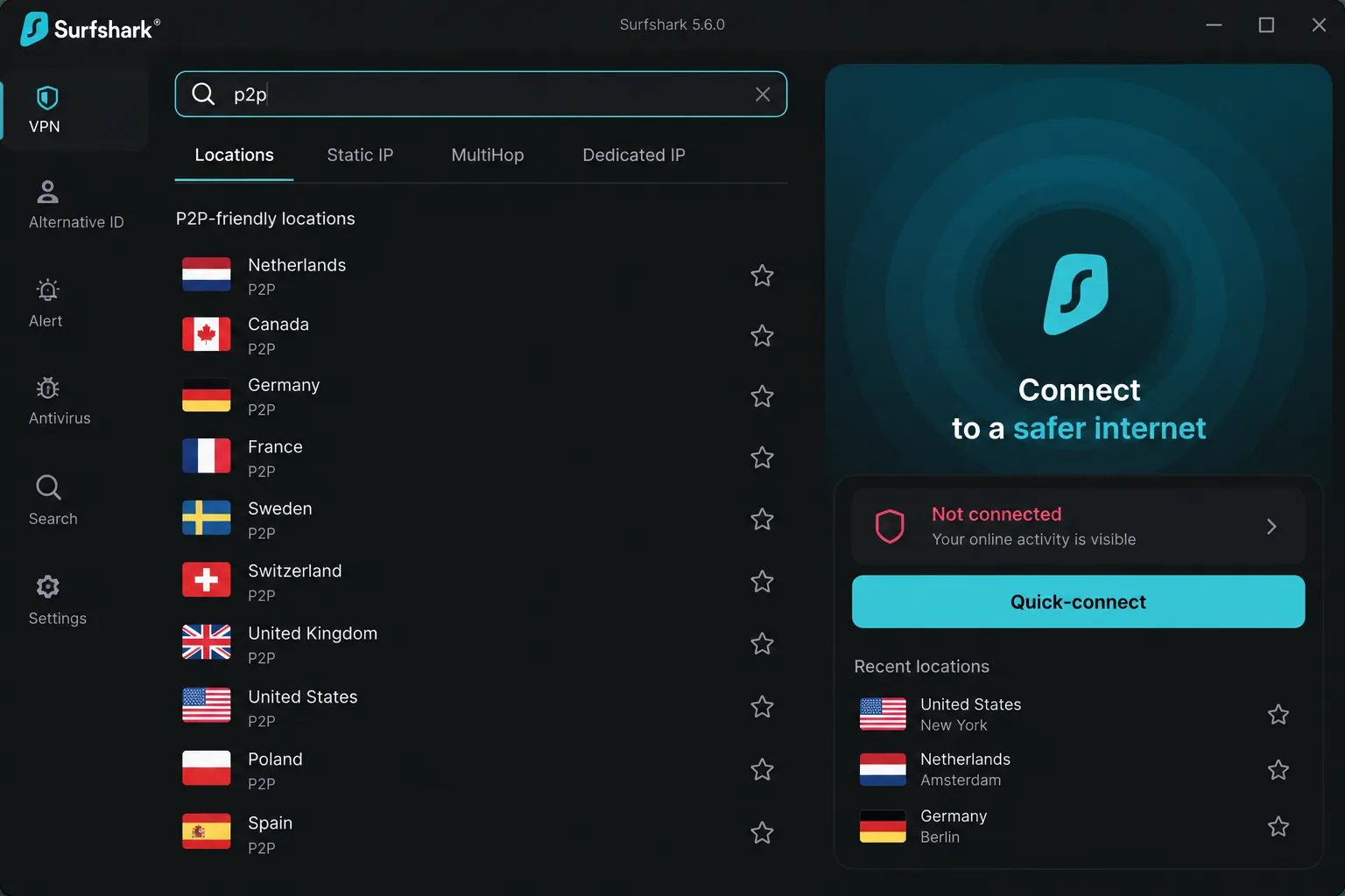 Surfshark's desktop app with "p2p" typed into the server search box, listing P2P-friendly locations.