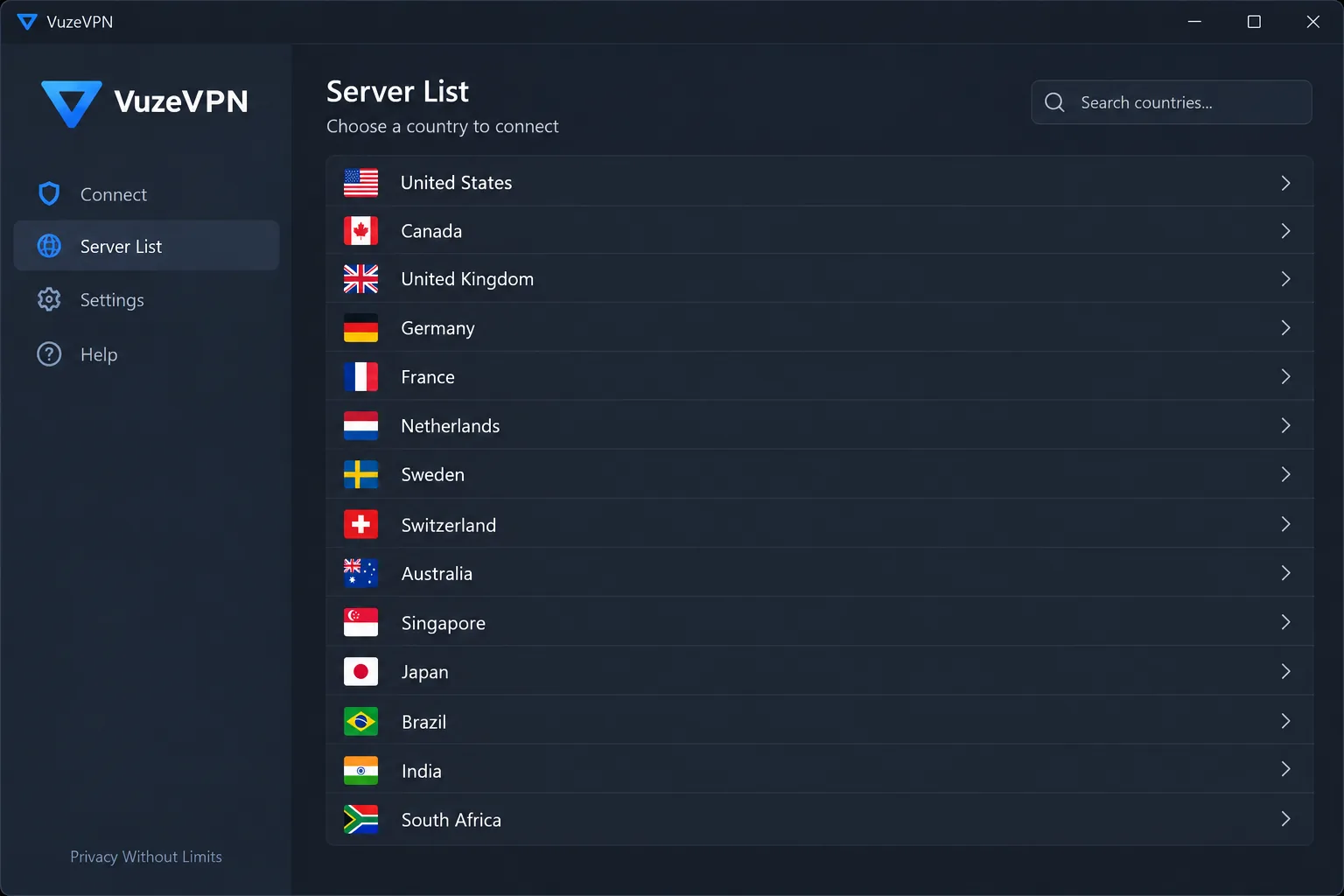 VuzeVPN's Windows app with its country-only server list open, showing no city choices and no server load indicators.