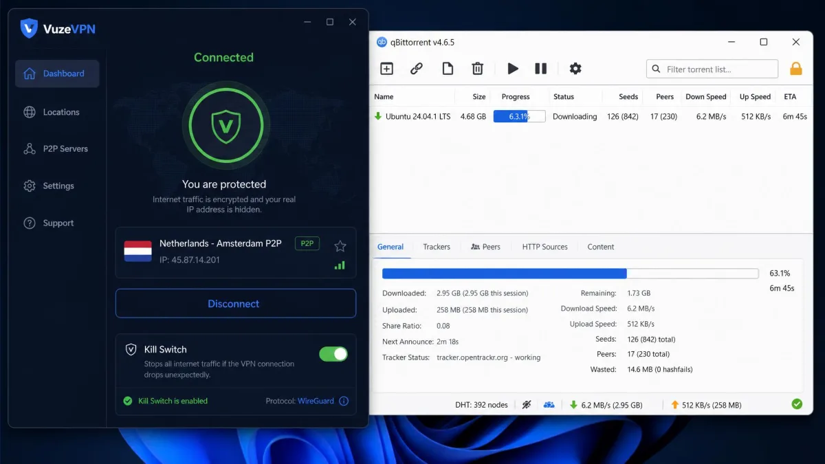 The VuzeVPN client connected to a P2P-capable server while a BitTorrent download runs in the background, with the kill switch toggle shown enabled.