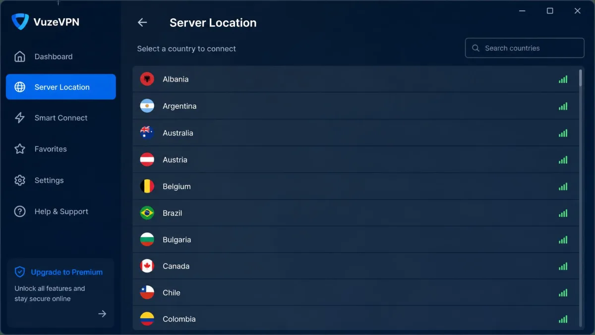The VuzeVPN server selection screen listing available countries in a scrollable menu, with no option to expand a country into individual cities or specific servers.