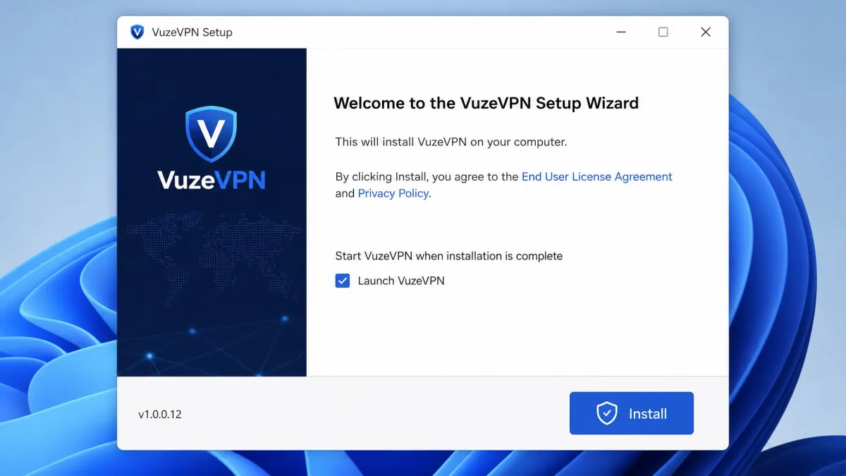 The VuzeVPN installation wizard on Windows showing a straightforward setup screen with a single install button and minimal configuration options.